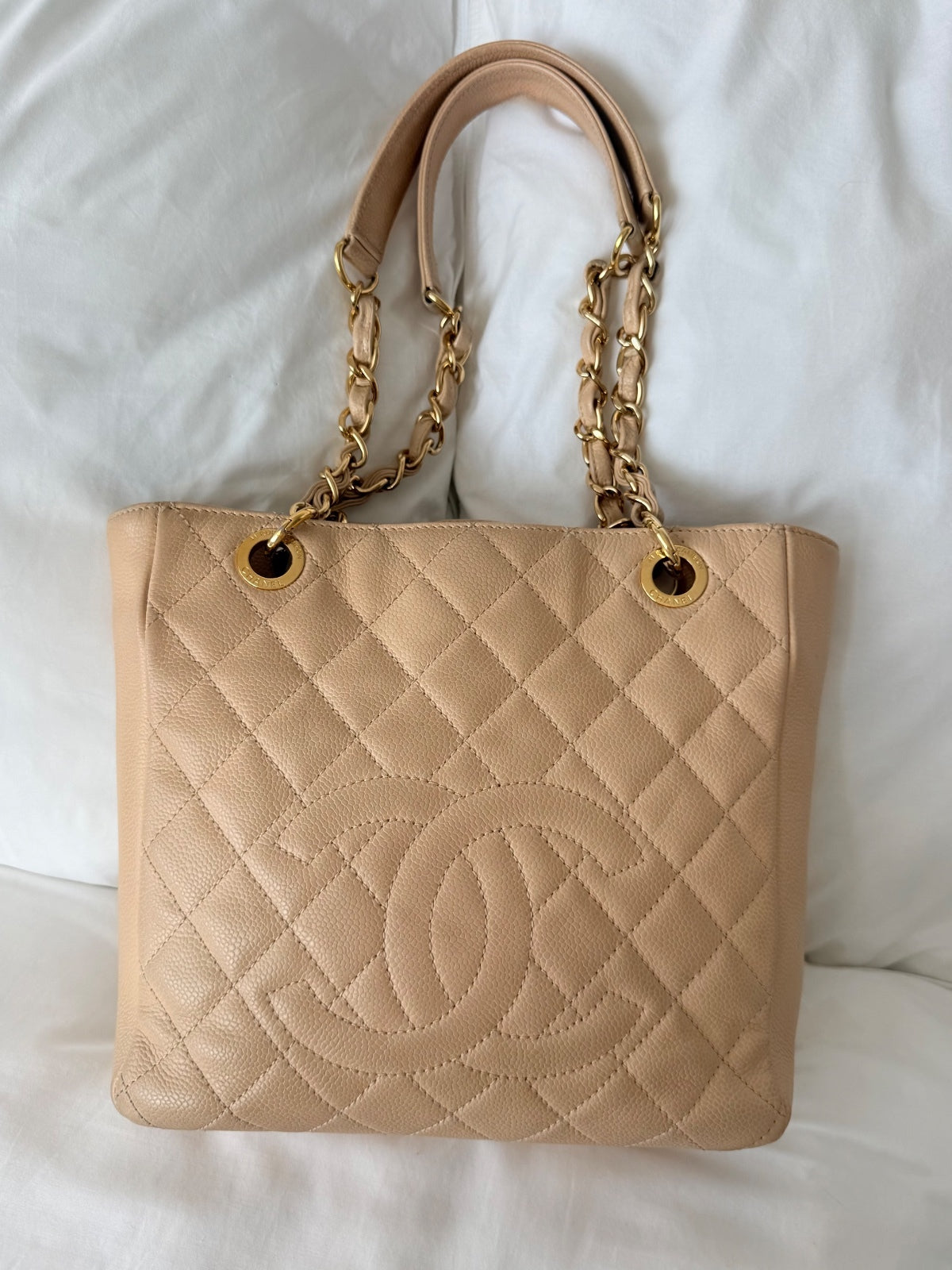 Chanel Beige Caviar Leather Petite Shopping Tote