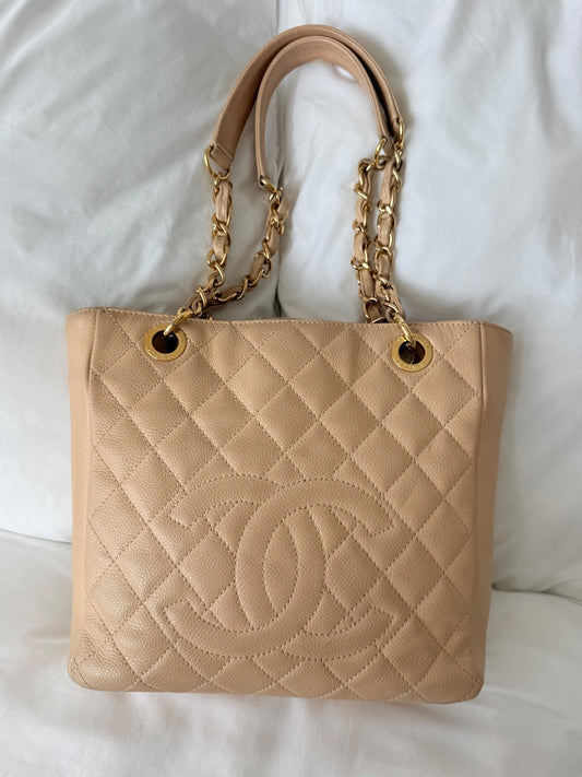 Chanel Beige Caviar Leather Petite Shopping Tote