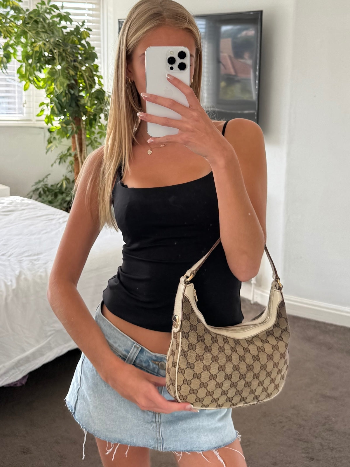 Gucci Ivory Small Monogram Canvas Hobo Bag