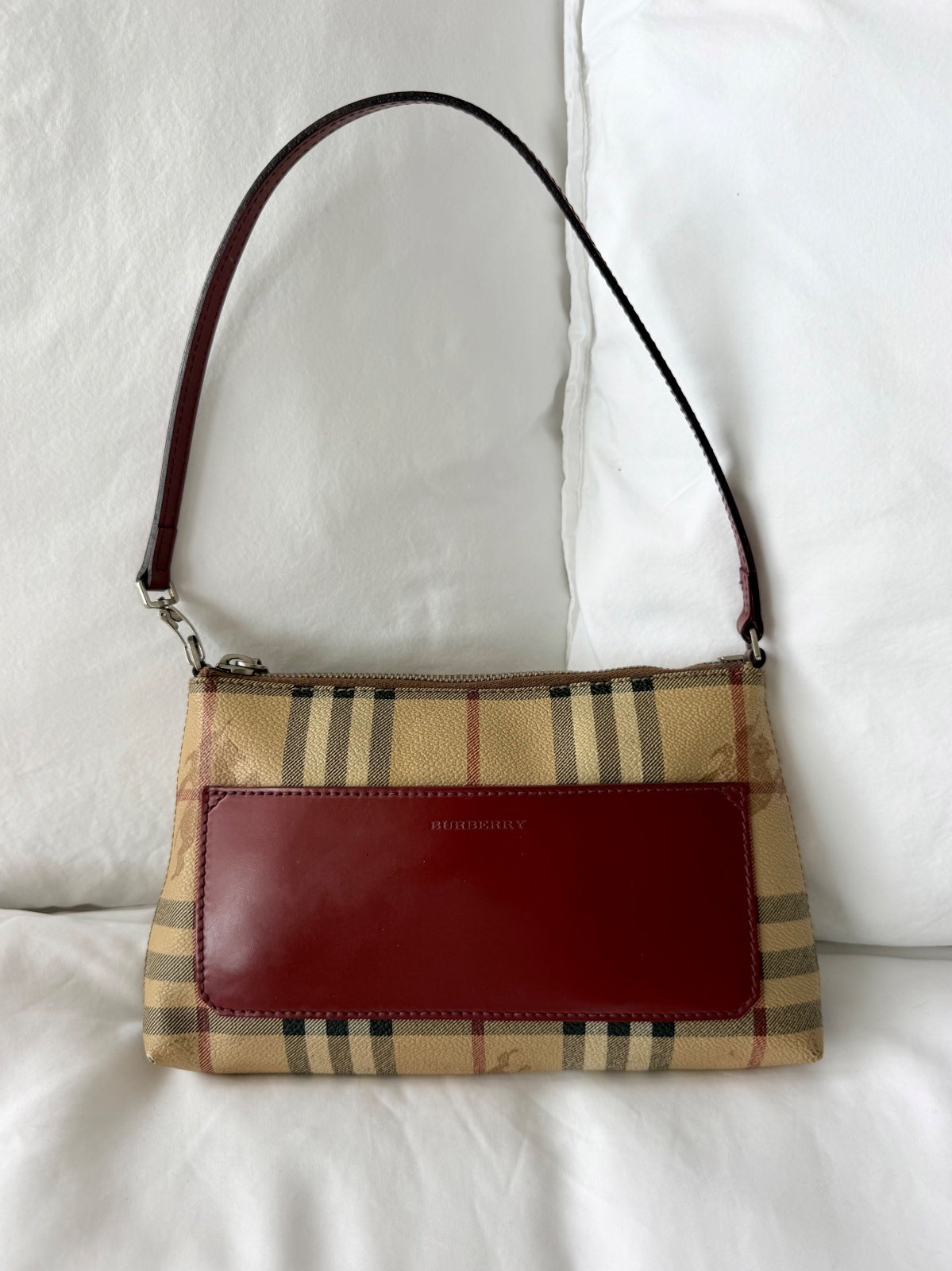 Burberry Nova Check Burgundy Leather Pochette Bag