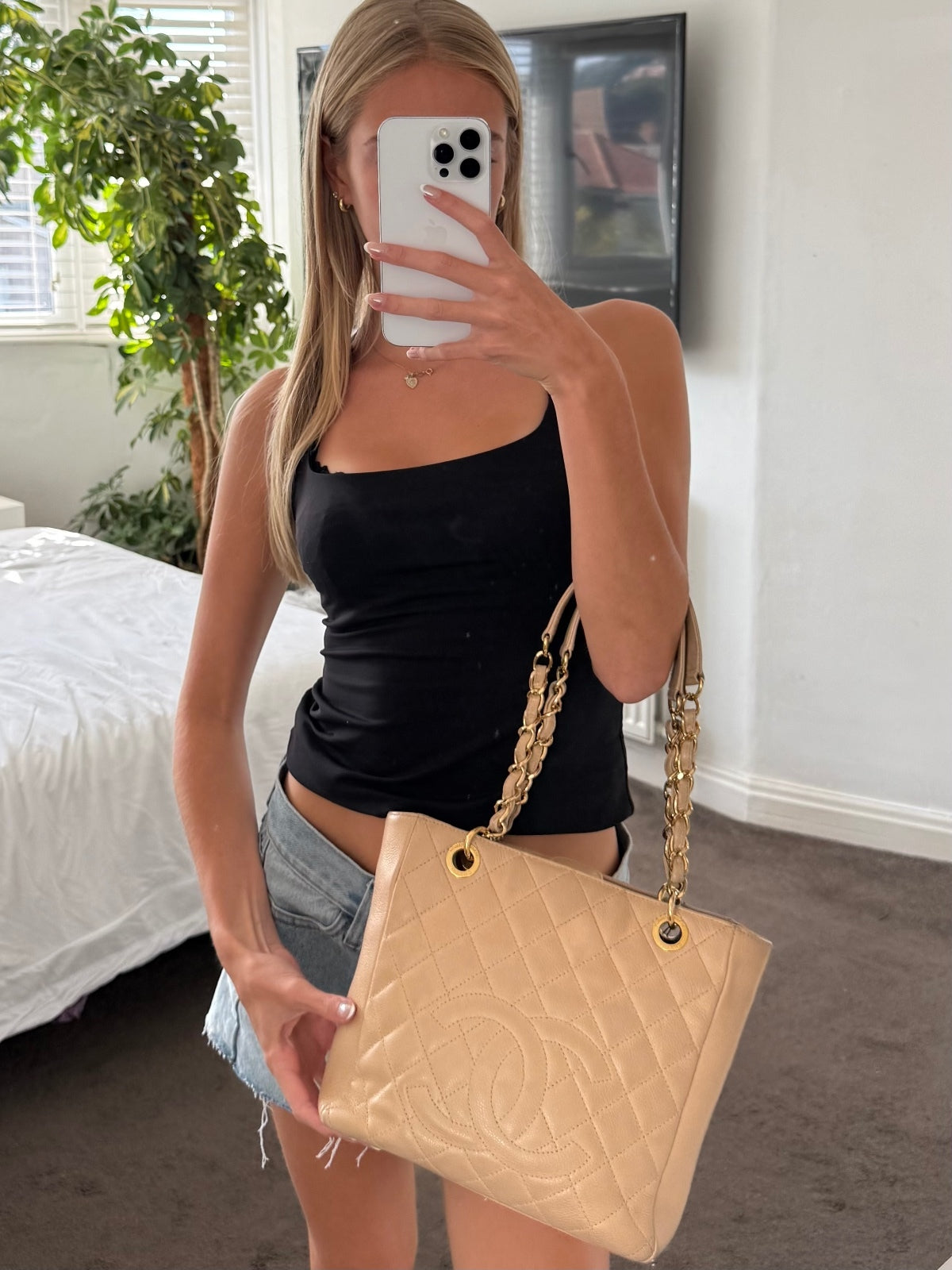 Chanel Beige Caviar Leather Petite Shopping Tote