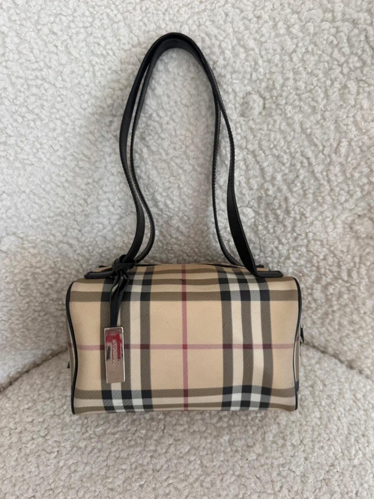 Burberry Nova Check Mini Barrel Shoulder Bag Black Leather Trim