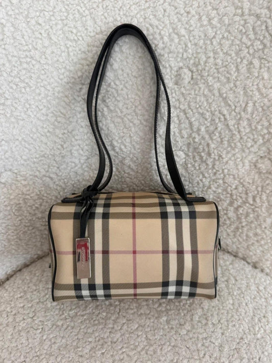 Burberry Nova Check Mini Barrel Shoulder Bag Black Leather Trim