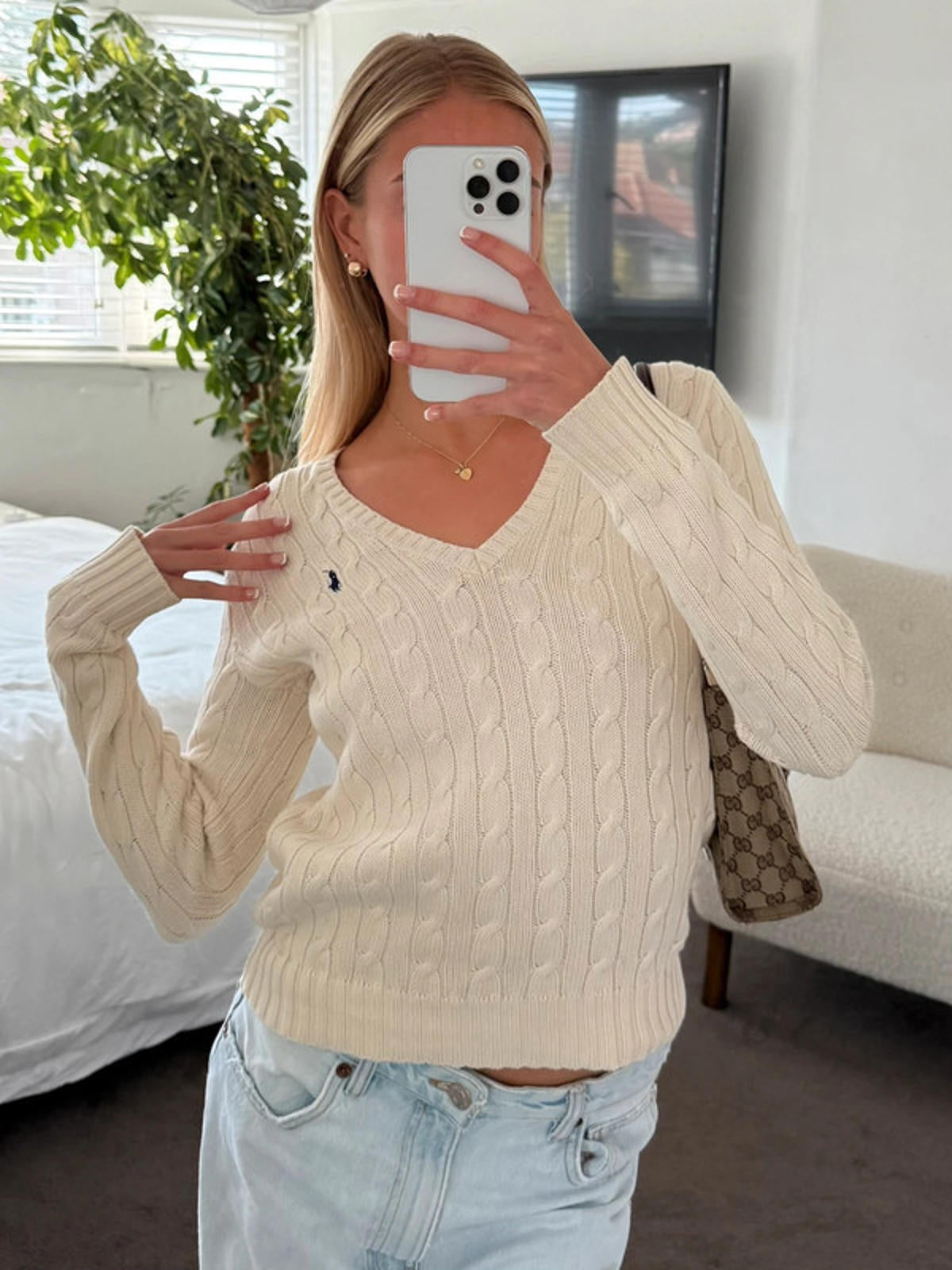 Ralph Lauren Cream Cable Knit V Neck Jumper