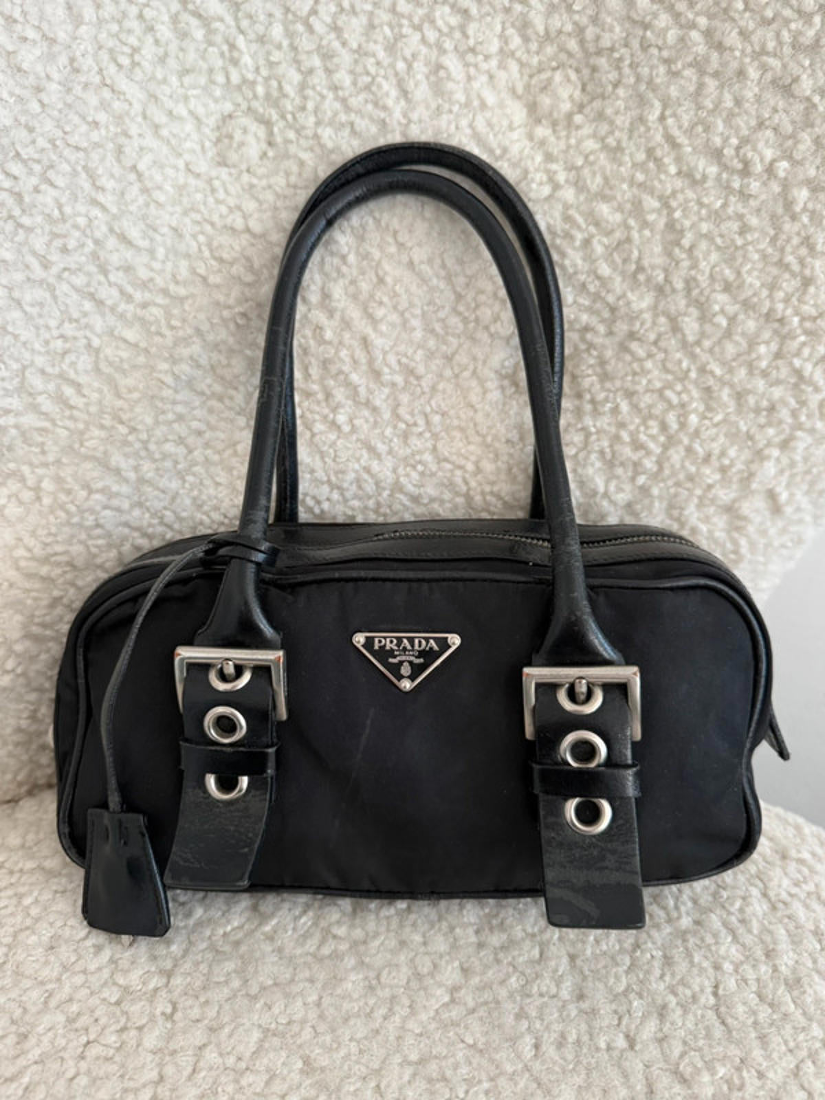Prada Black Tessuto Nylon Buckle Handbag with Padlock