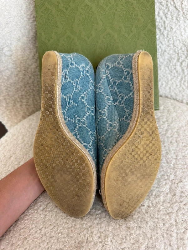 gucci charlotte denim horsebit wedge espadrilles
