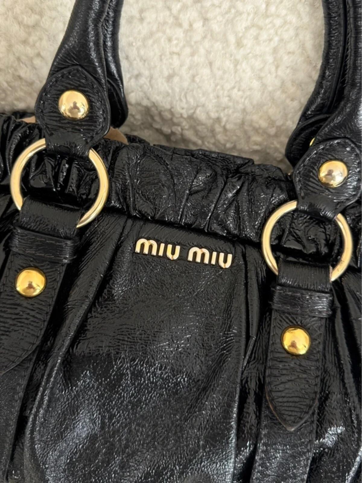 Miu Miu Black Vitello Lux Glazed Leather Ruched Bow Bag