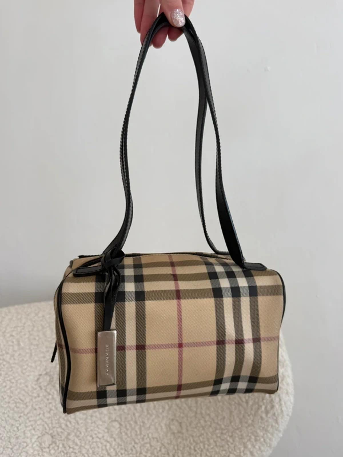 Burberry Nova Check Mini Barrel Shoulder Bag Black Leather Trim