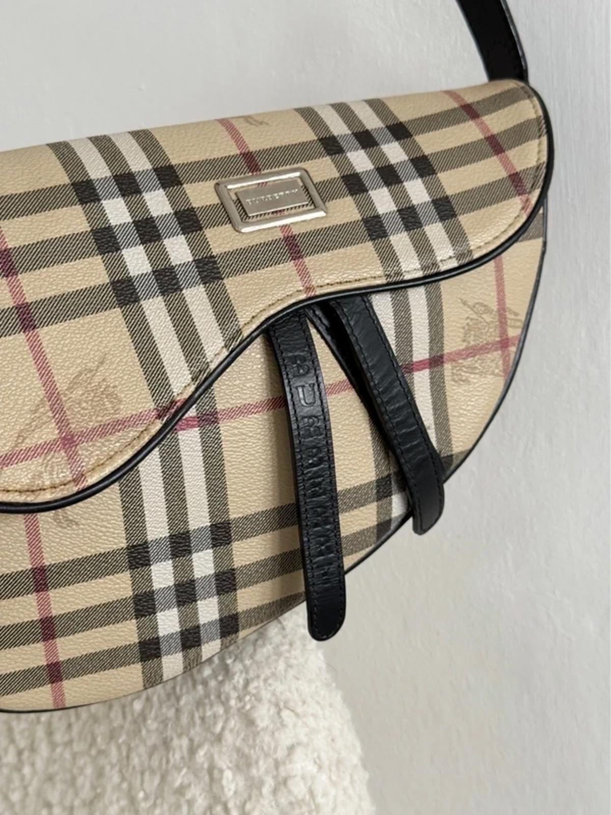 Burberry Nova Check Saddle Bag Black Leather Trim
