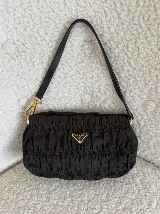 prada tessuto gaufré ruched nylon shoulder bag black