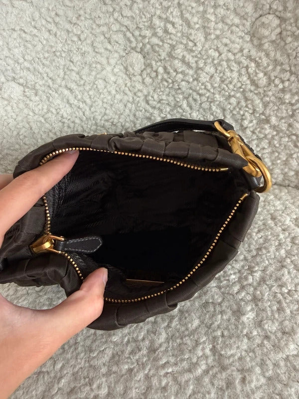 prada tessuto gaufré ruched nylon shoulder bag black