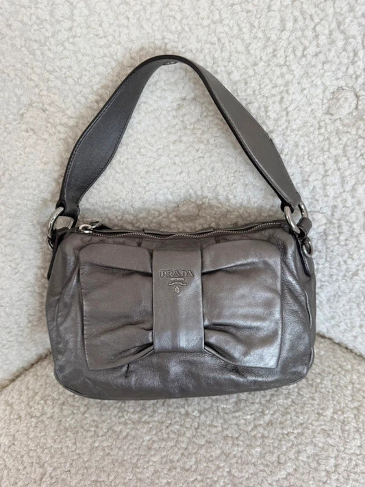 prada metallic grey leather bow shoulder bag