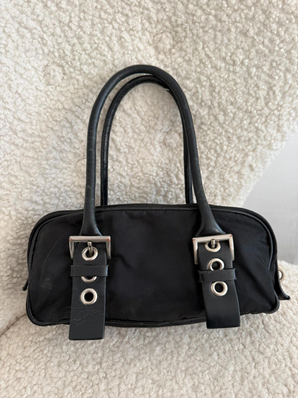 Prada Black Tessuto Nylon Buckle Handbag with Padlock