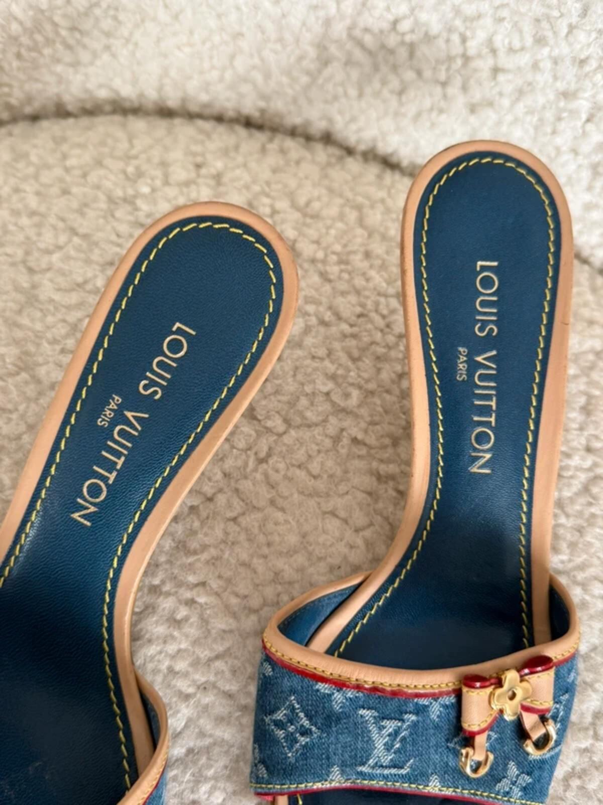 Louis Vuitton Denim Monogram Kitten Heel Mules