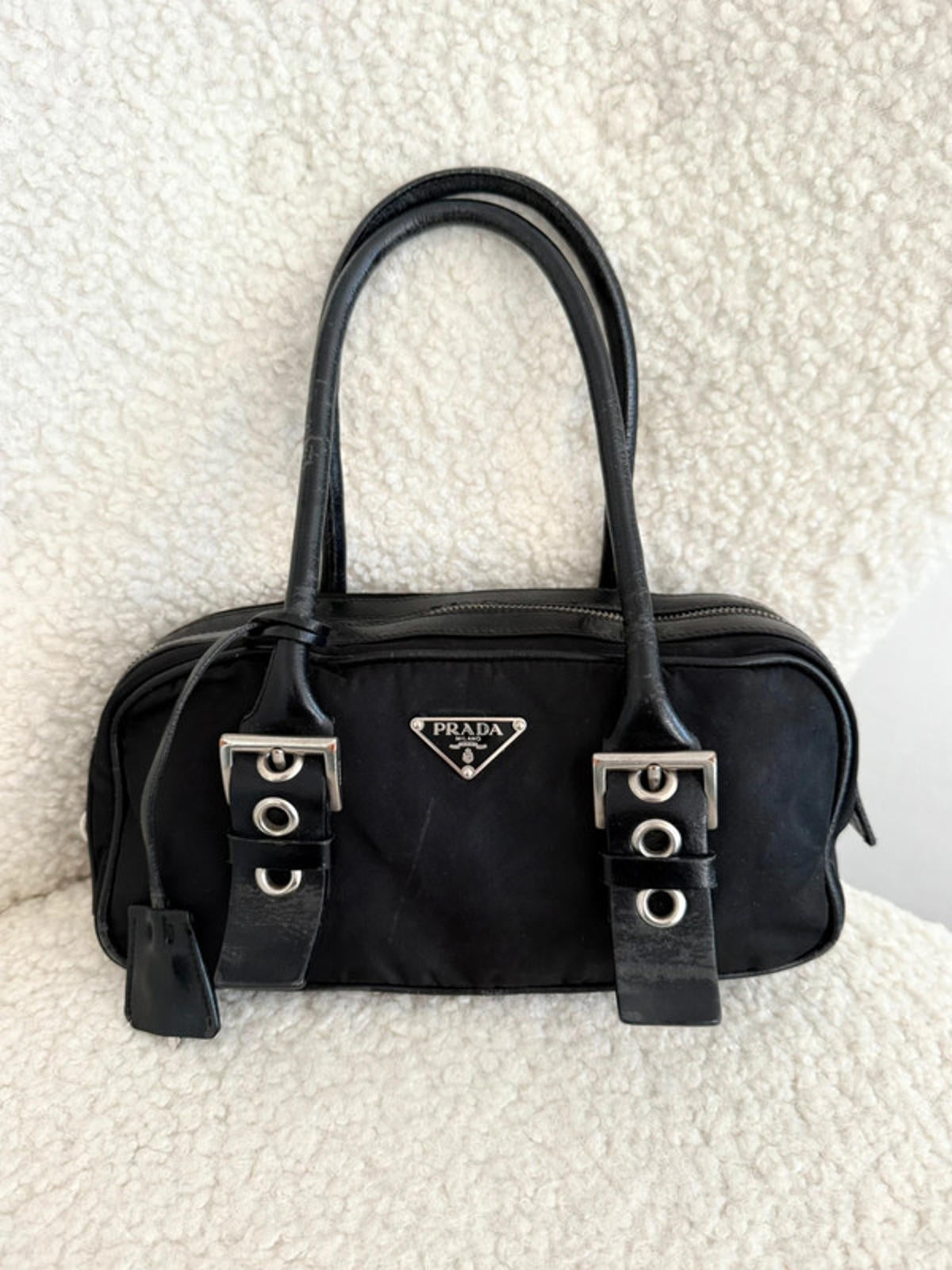 Prada Black Tessuto Nylon Buckle Handbag with Padlock