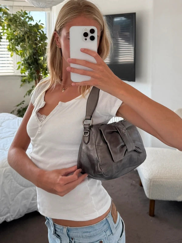 prada metallic grey leather bow shoulder bag