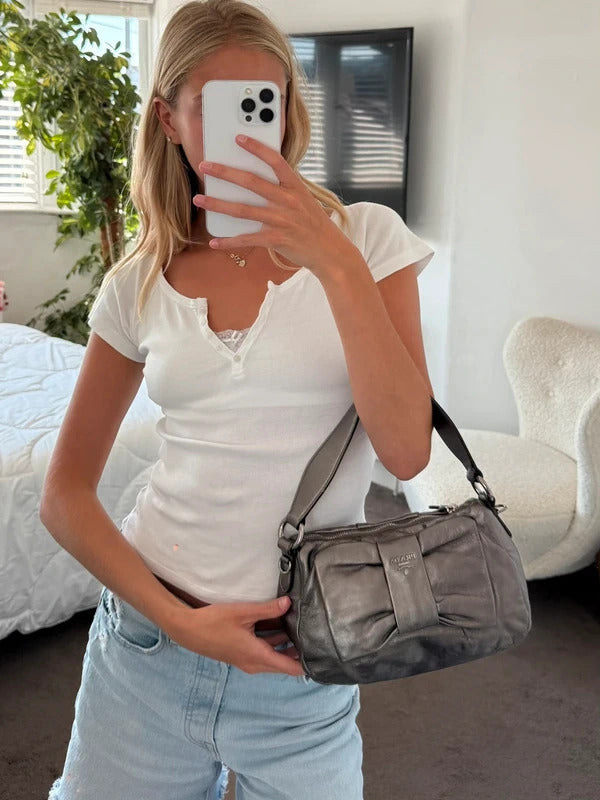 prada metallic grey leather bow shoulder bag
