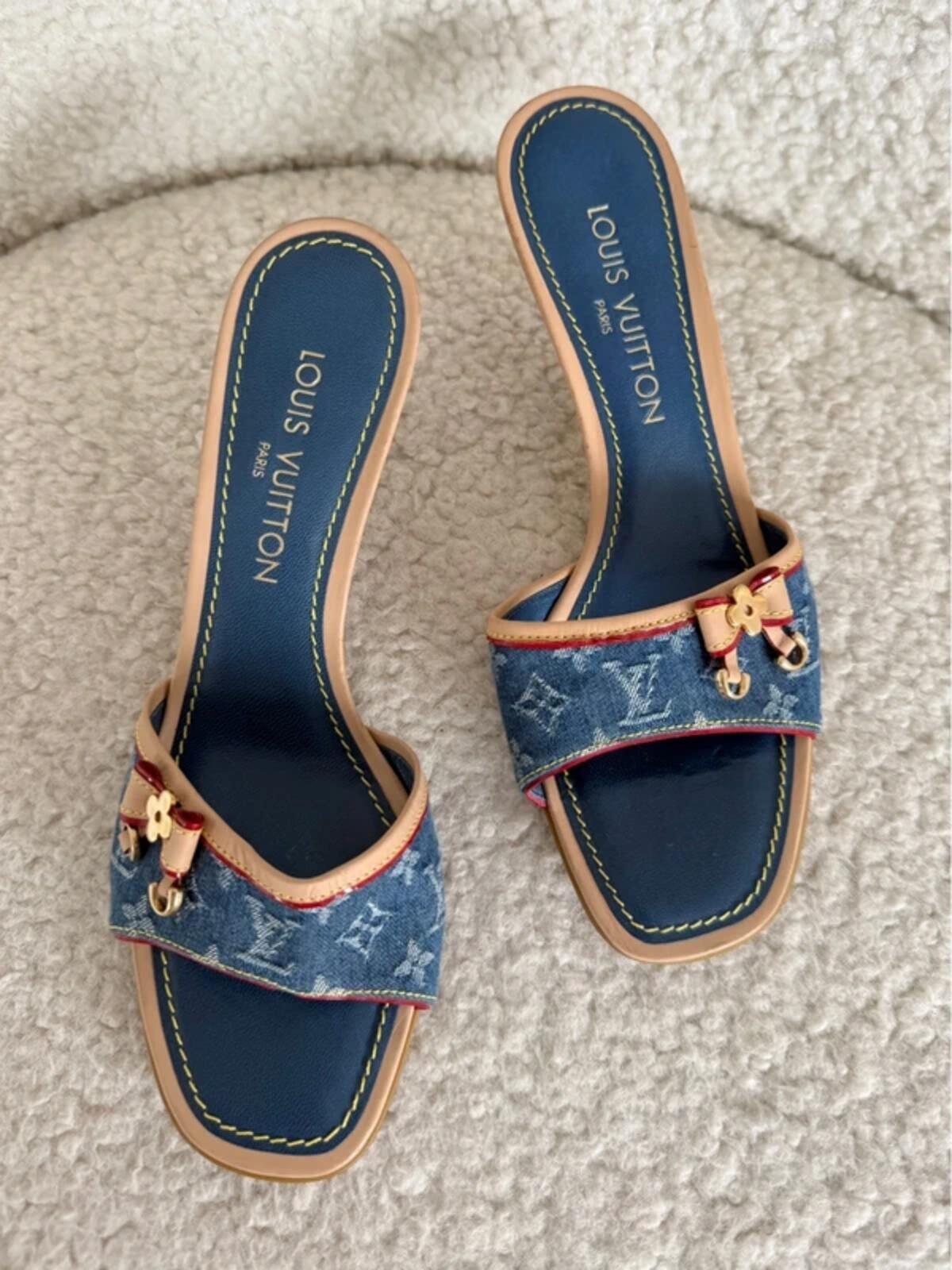 Louis Vuitton Denim Monogram Kitten Heel Mules