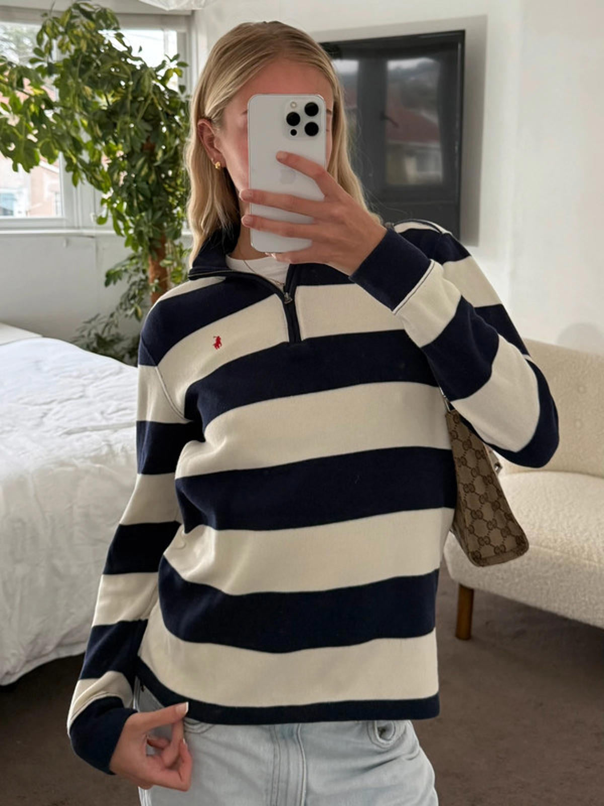Polo Ralph Lauren Navy & Cream Striped Half Zip