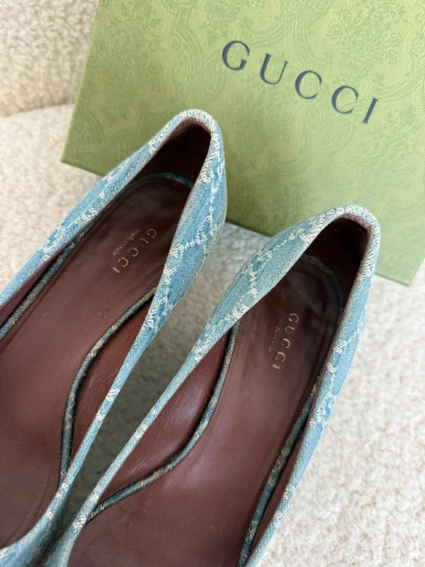 gucci charlotte denim horsebit wedge espadrilles