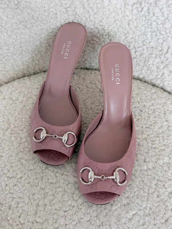 gucci pink guccissima horsebit leather mule heels