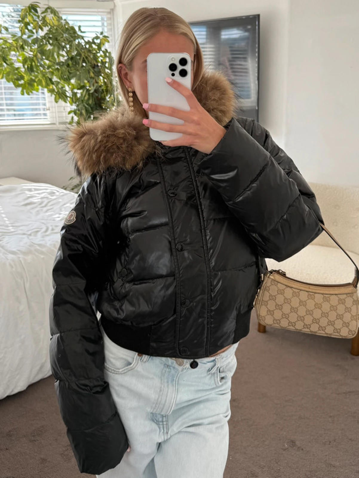 Moncler Maya Shiny Black Fur Hood Puffer Jacket