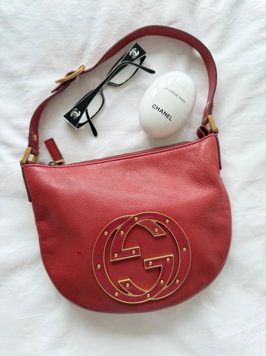 Gucci Dark Red Leather Blondie Logo Mini Hobo