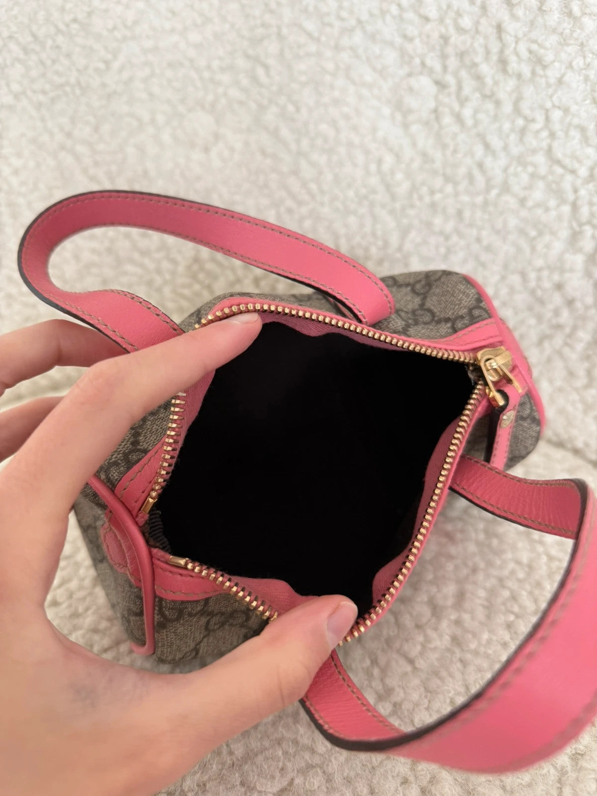 The Gucci Beige/Pink GG Coated Canvas Mini Joy Boston Bag