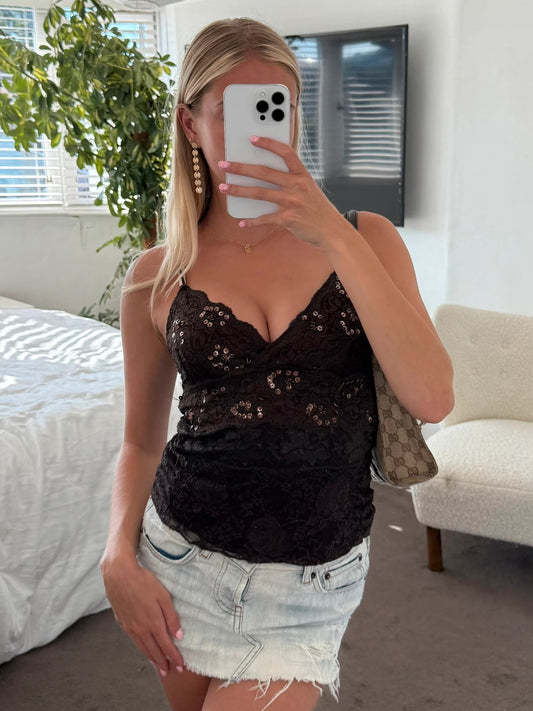 Brown lace sequin cami
