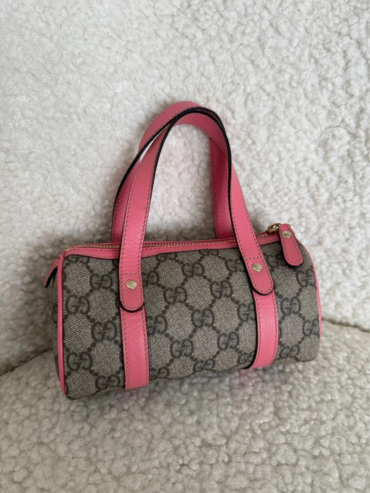 The Gucci Beige/Pink GG Coated Canvas Mini Joy Boston Bag