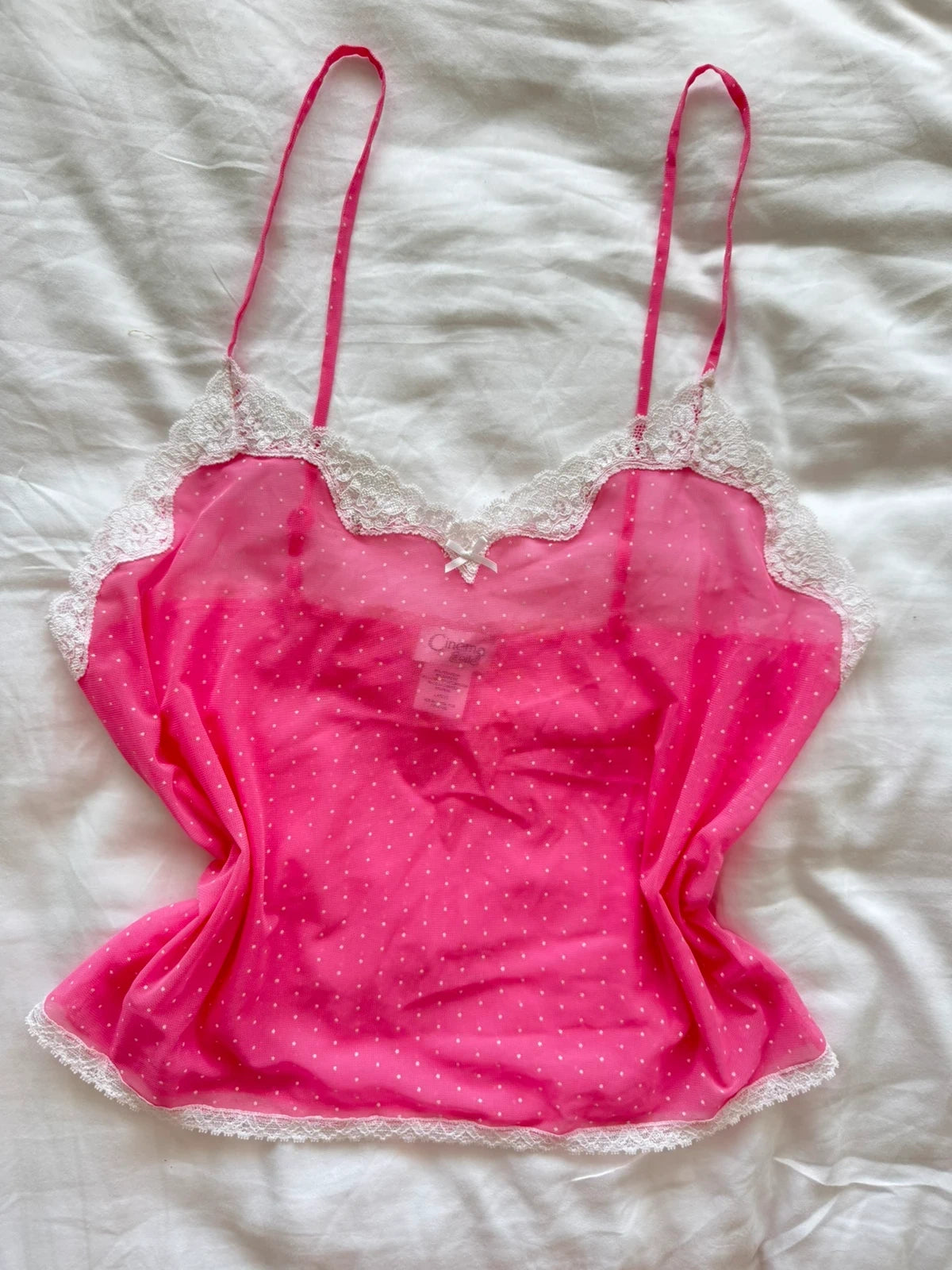 pink mesh cami with white polka dots