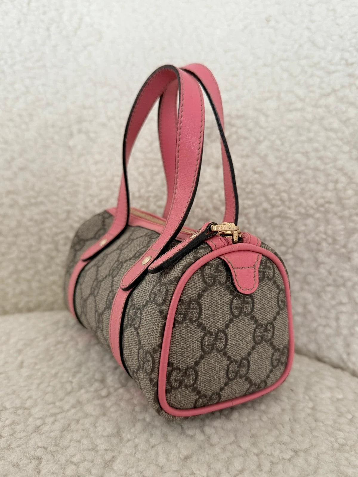 The Gucci Beige/Pink GG Coated Canvas Mini Joy Boston Bag