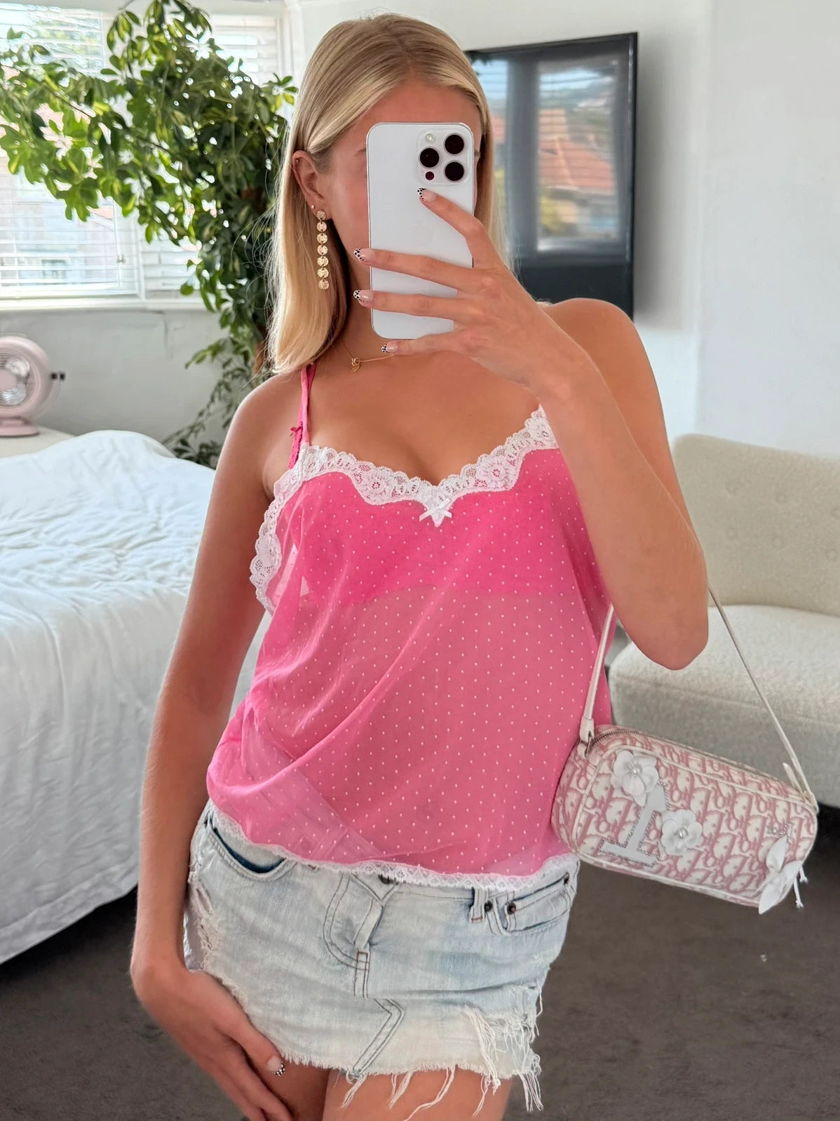 pink mesh cami with white polka dots
