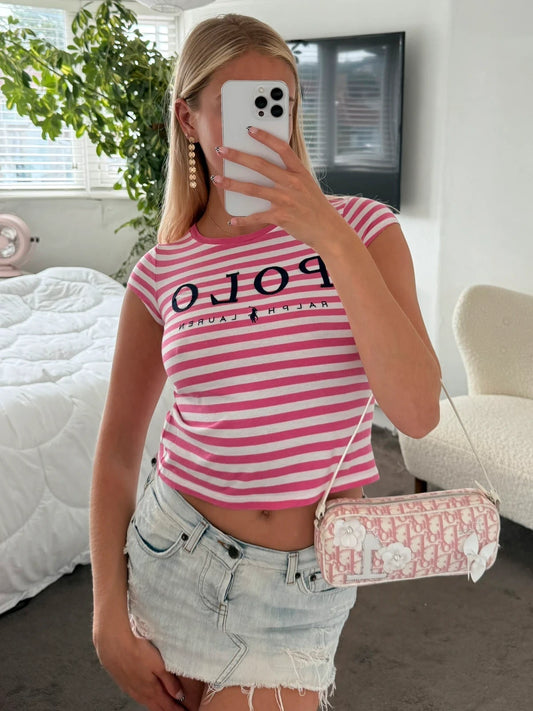 Ralph Lauren pink and white POLO striped  baby tee