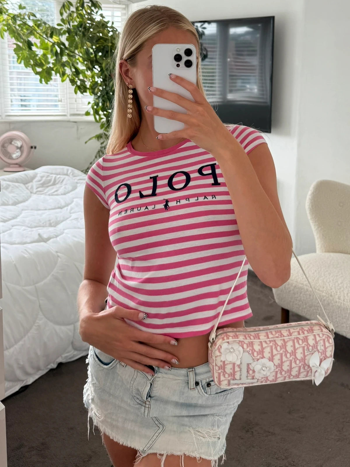 Ralph Lauren pink and white POLO striped  baby tee