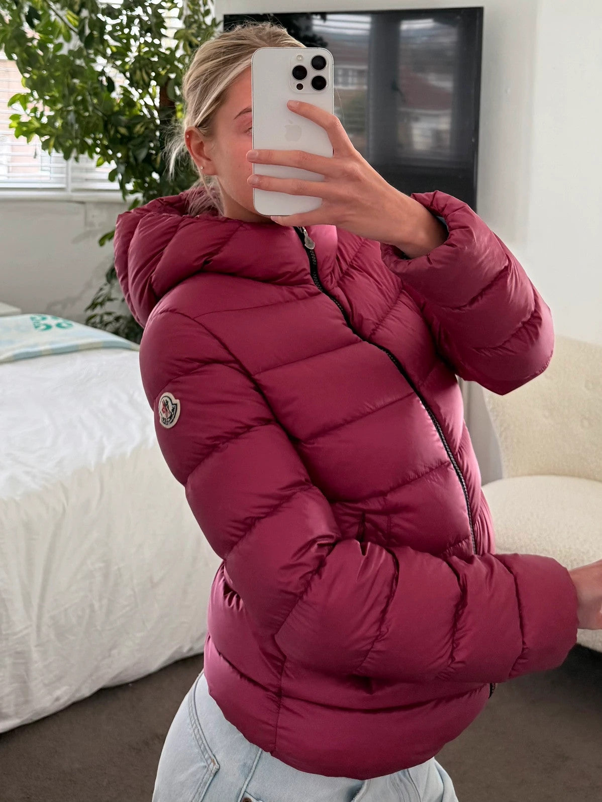 Moncler dark pink puffer jacket