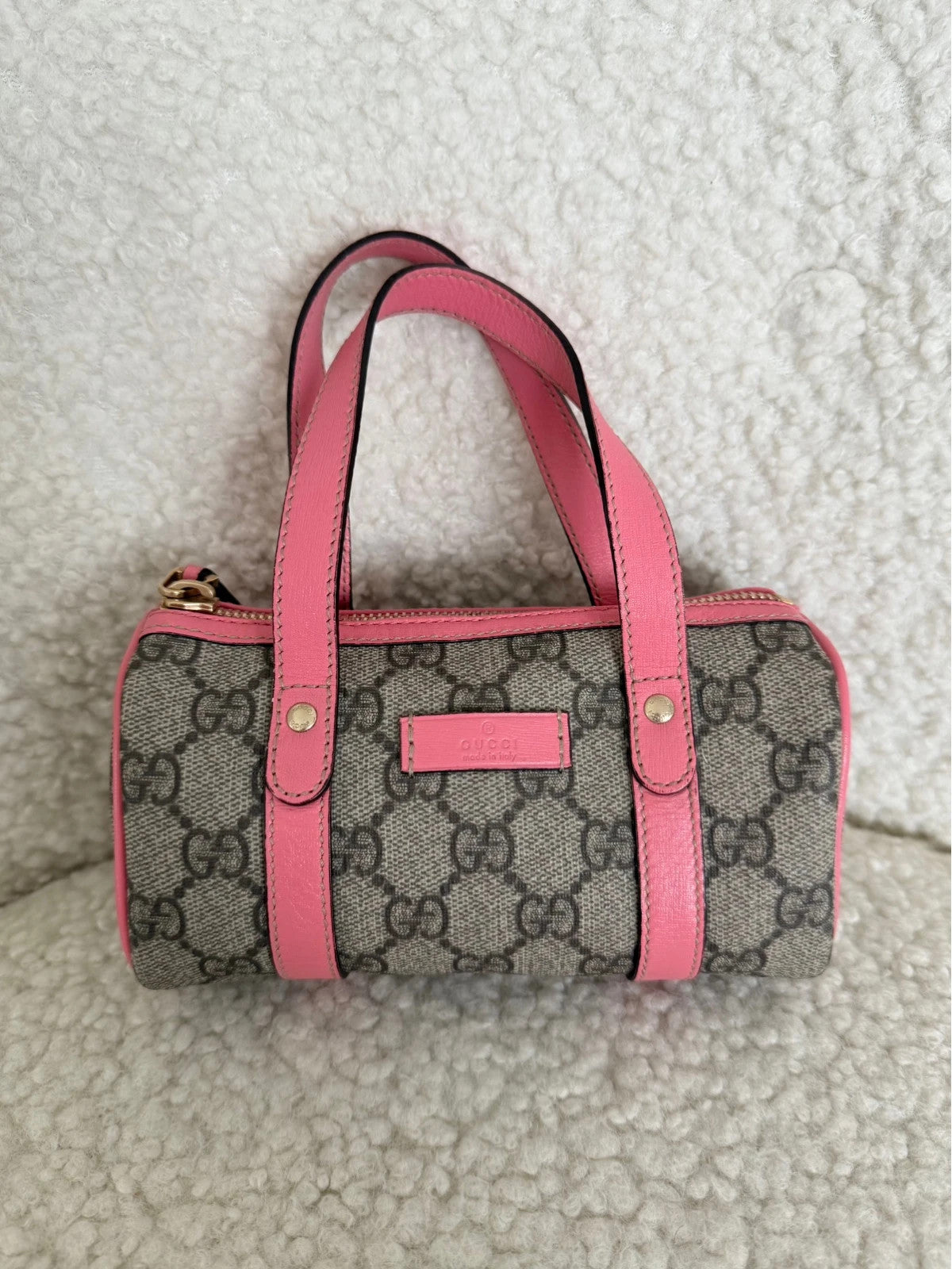 The Gucci Beige/Pink GG Coated Canvas Mini Joy Boston Bag