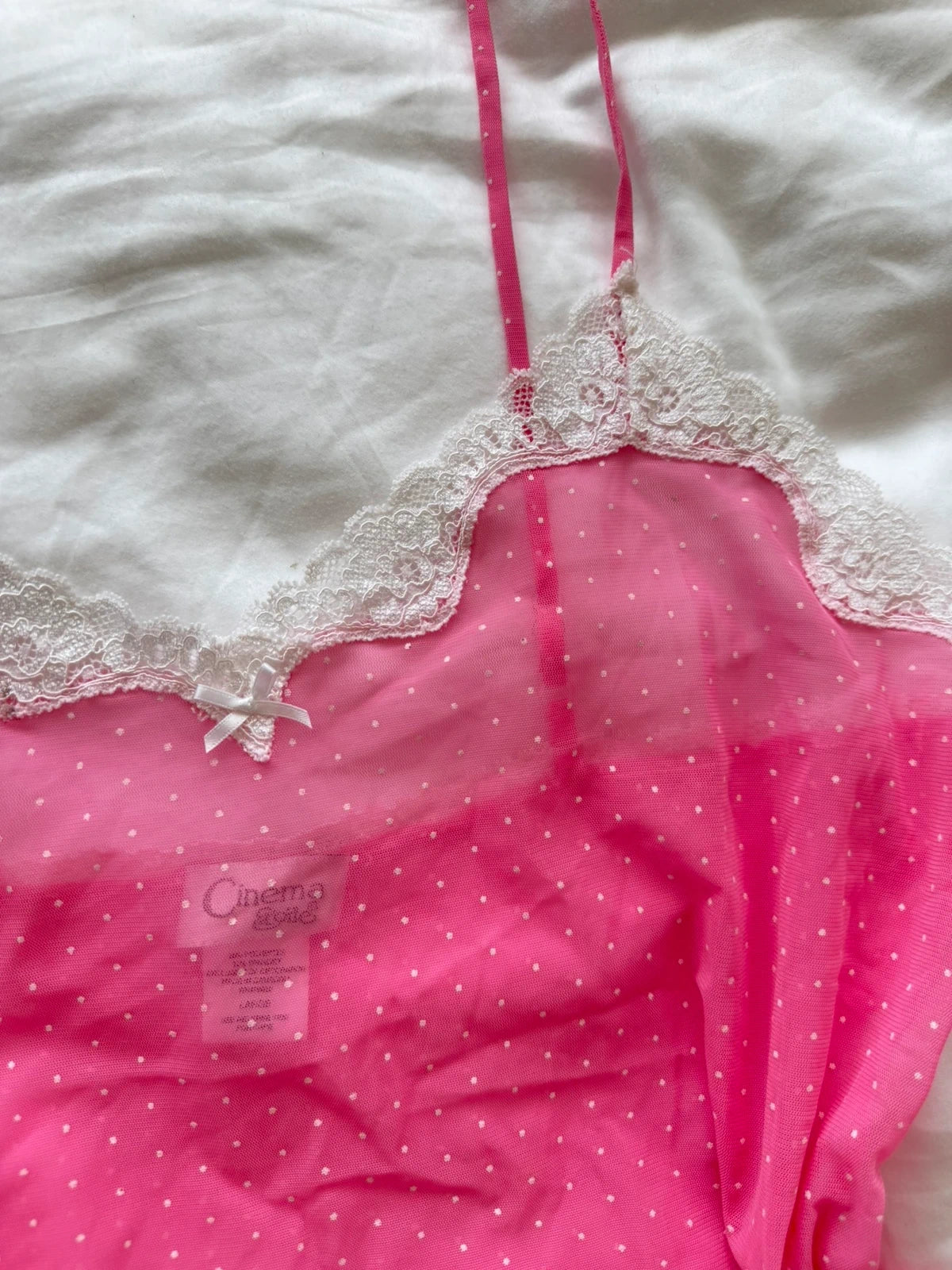 pink mesh cami with white polka dots