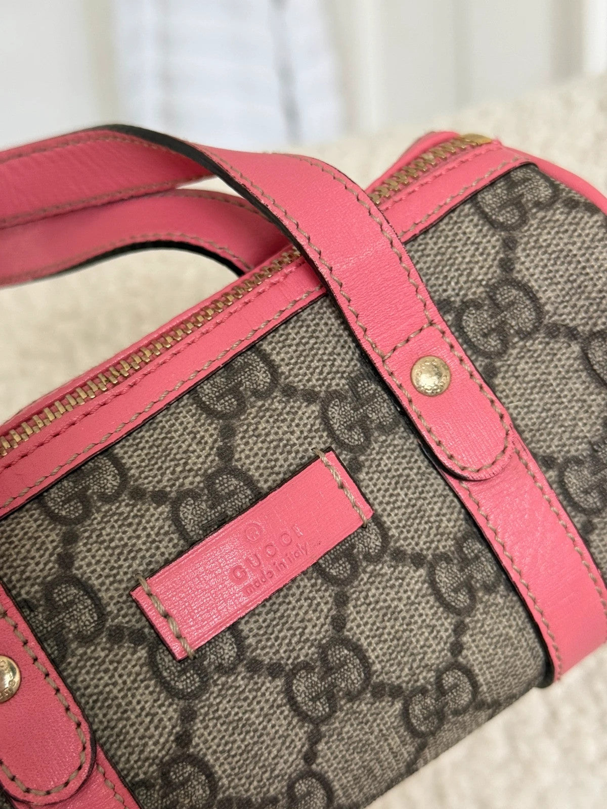 The Gucci Beige/Pink GG Coated Canvas Mini Joy Boston Bag