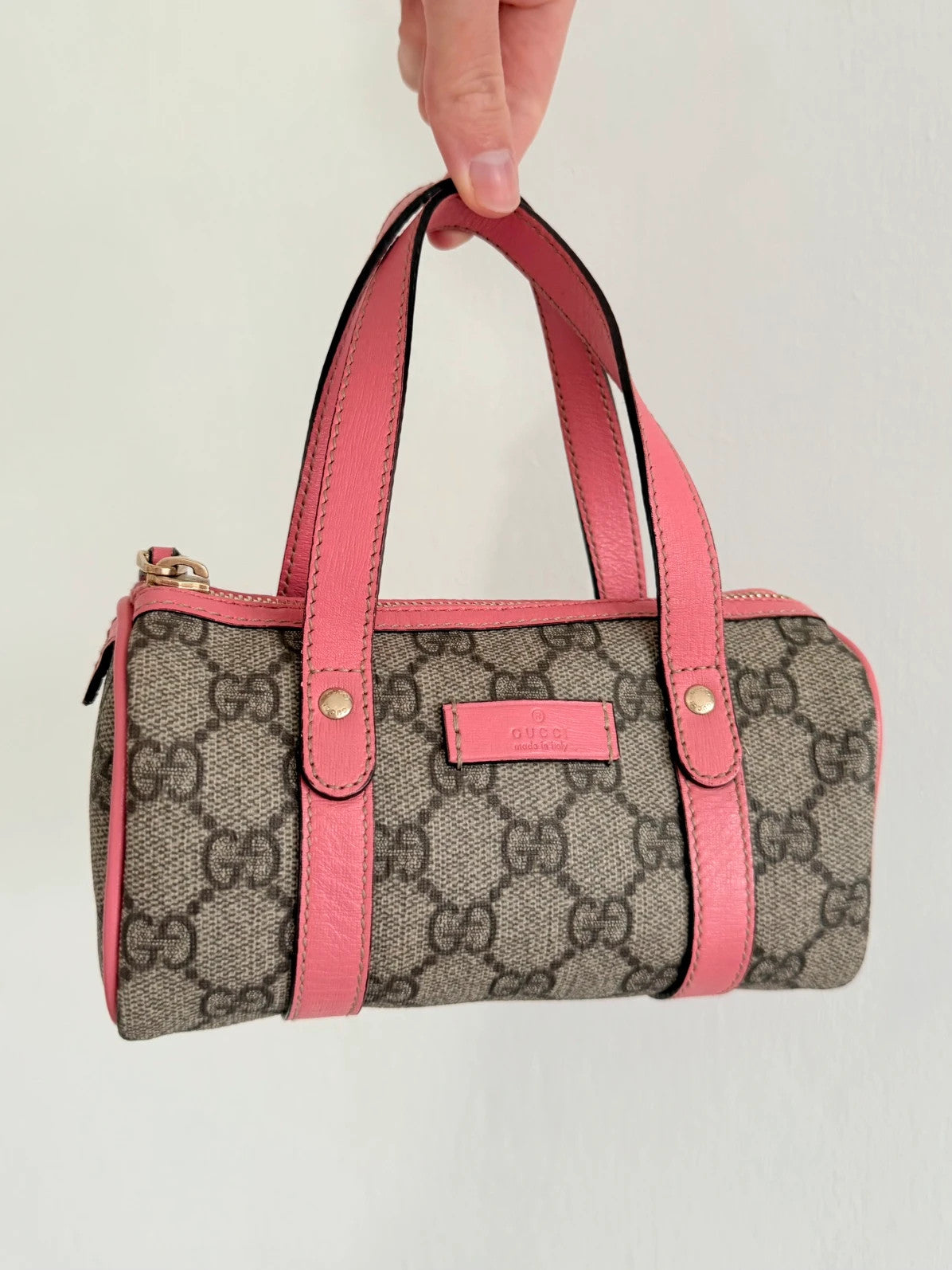 The Gucci Beige/Pink GG Coated Canvas Mini Joy Boston Bag