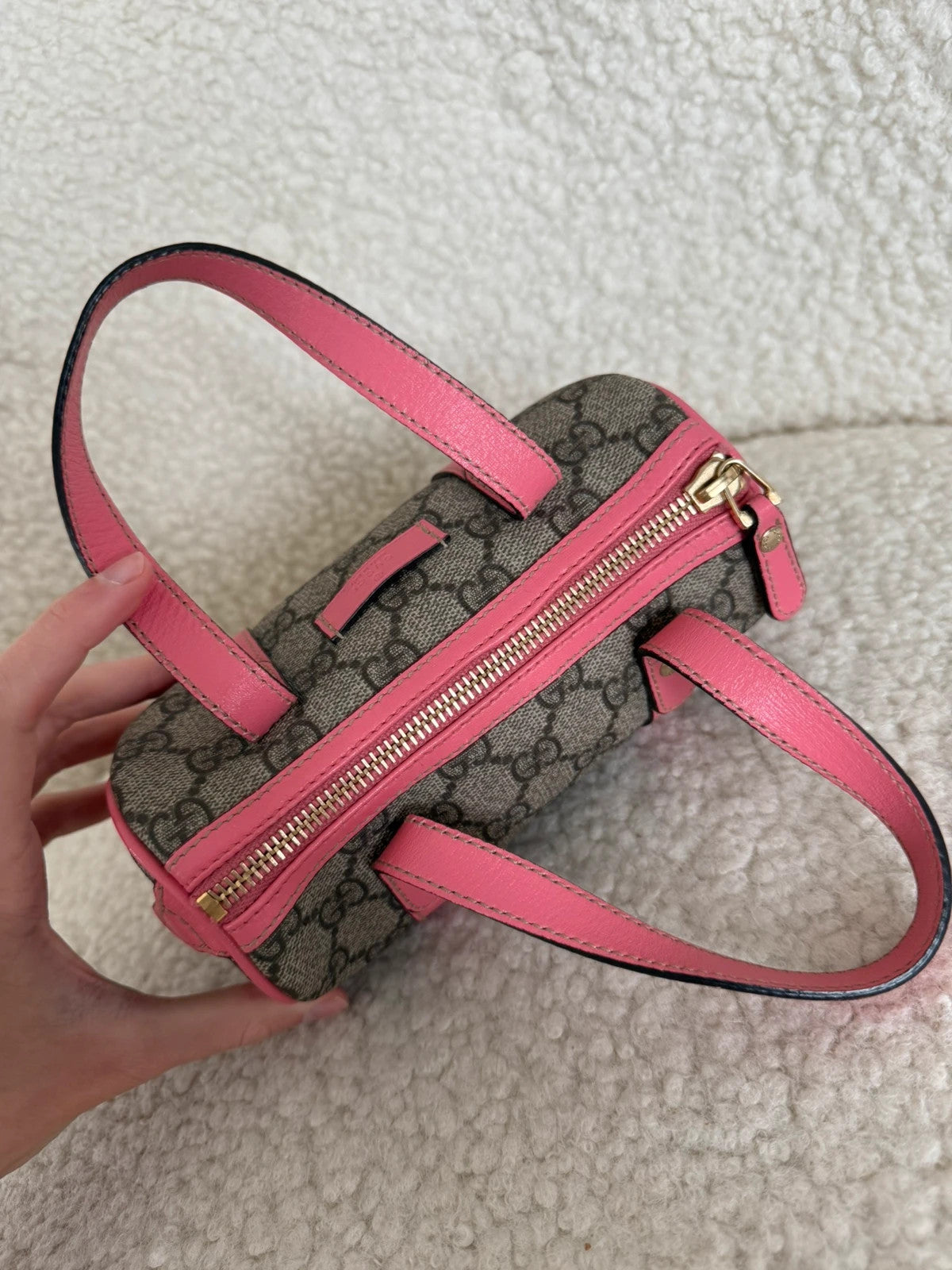 The Gucci Beige/Pink GG Coated Canvas Mini Joy Boston Bag